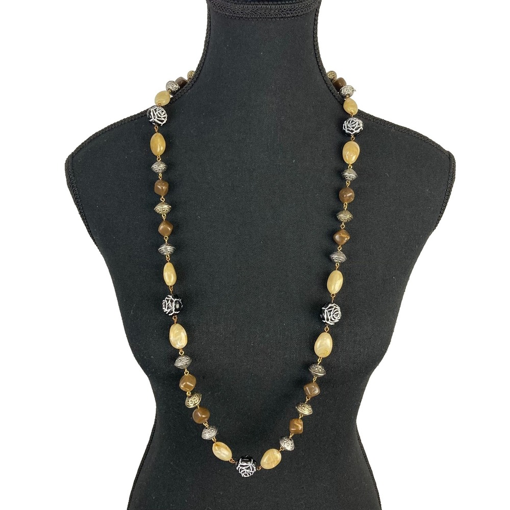 Vintage Long Acrylic Statement Necklace Carved Rose Resin Beads Earth Tone Boho
